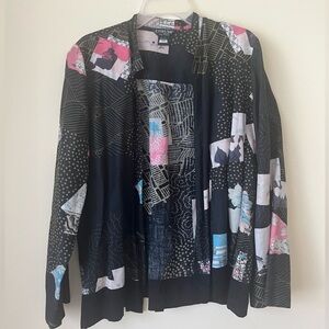 Citron Santa Monica Silk Linen Open Front Printed Cardigan Black Multicolor XL
